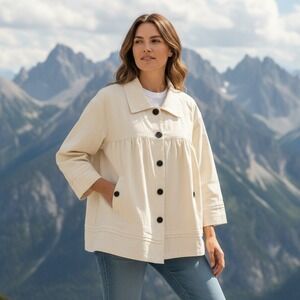 Chic Cream Cotton Gathered Babydoll Jacket Women's Button Front Pockets Size L